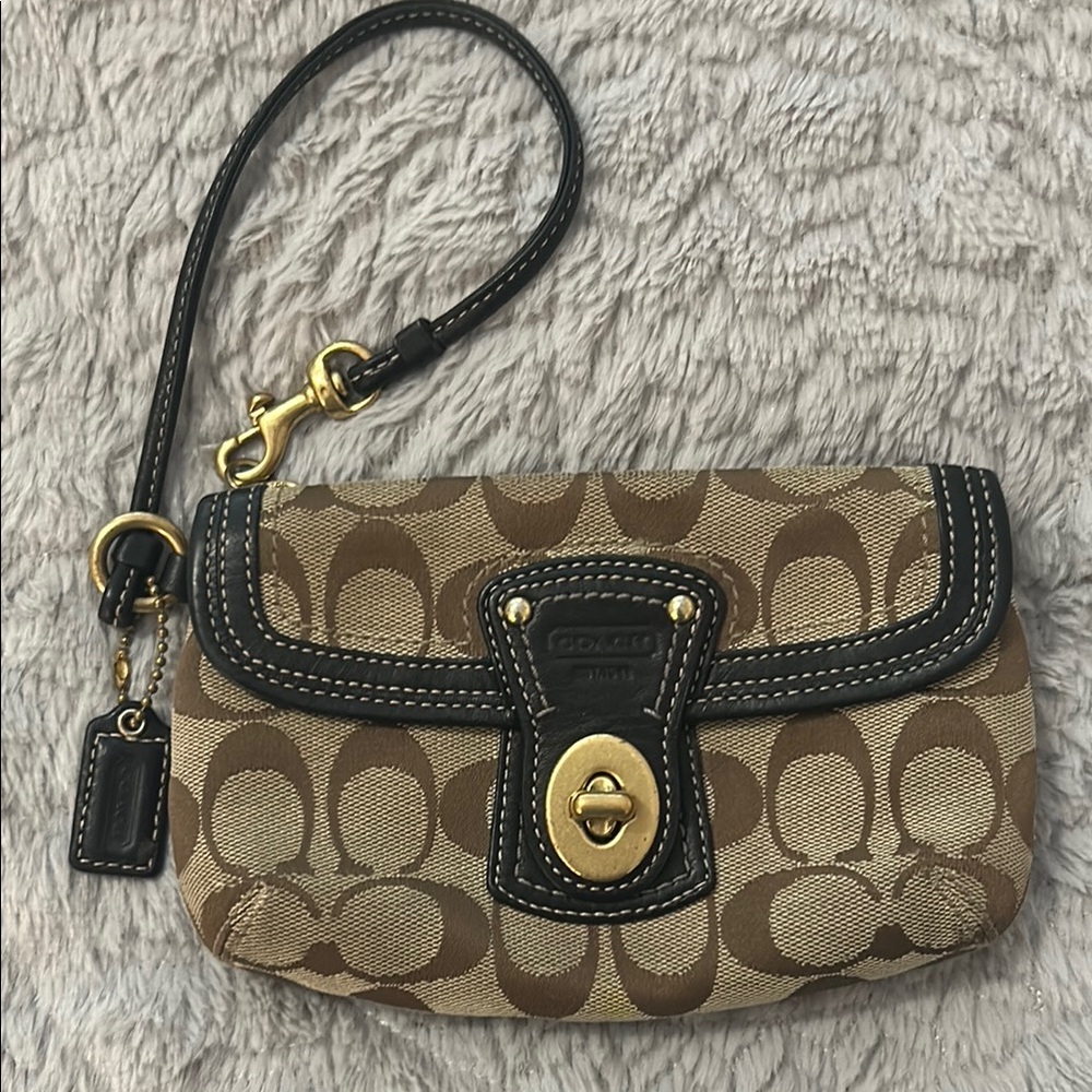 Coach Brown and Tan Clutch with Gold Accents